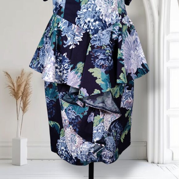 Vintage 90s Peplum Midi Dress Size 10 Blue Garden Party Off the Shoulder - Picture 7 of 16